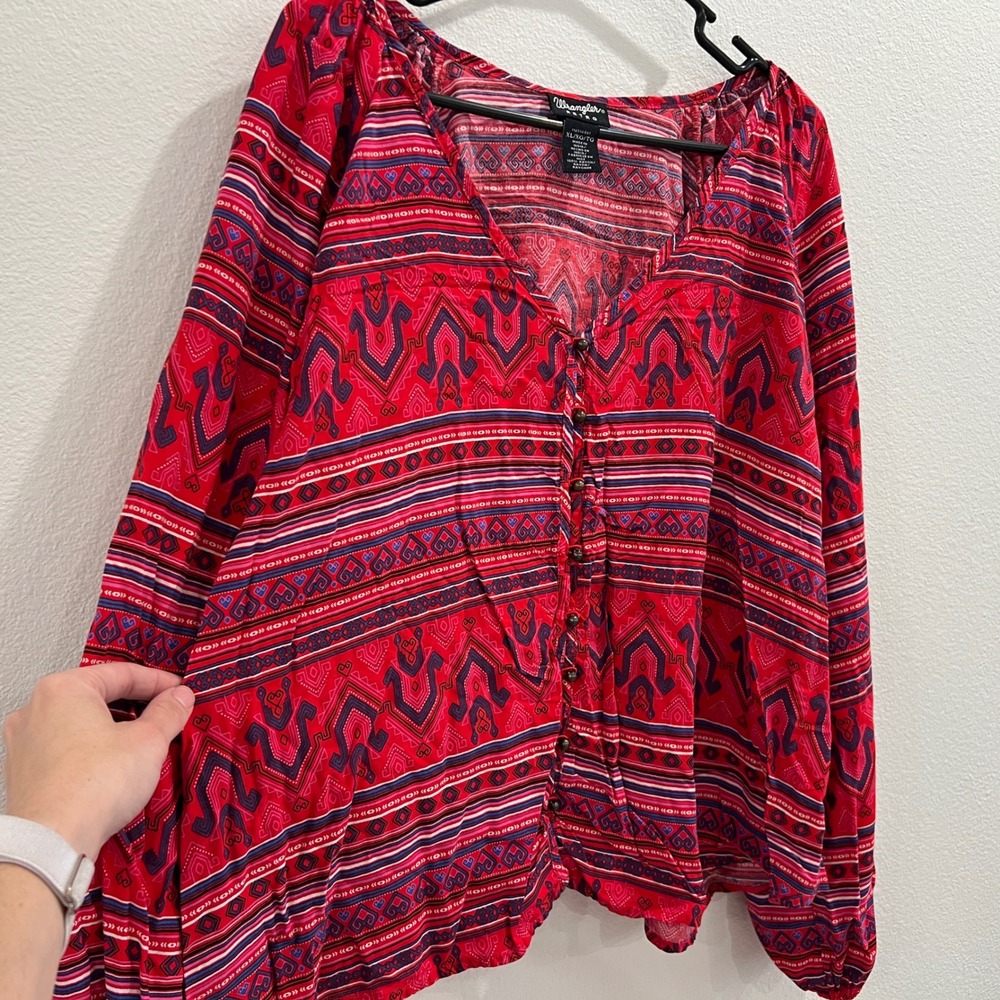 Wrangler Retro Top Womens XL Red Southwestern Print Boho Western Long Sleeve - Picture 5 of 8